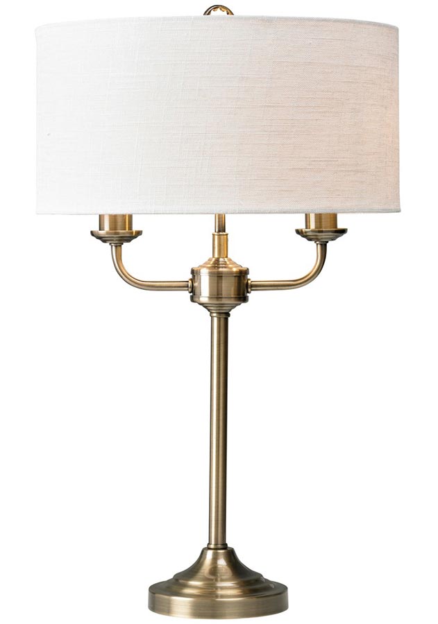 Grantham 2 Arm Candelabra Table Lamp Antique Brass White Shade