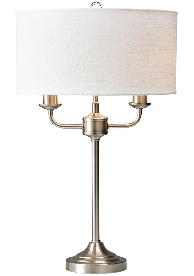 Grantham 2 Arm Candelabra Table Lamp Satin Nickel White Shade