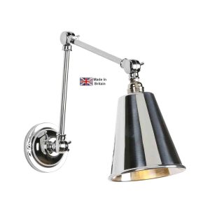 Hackney swing arm wall light in polished chrome on white background lit