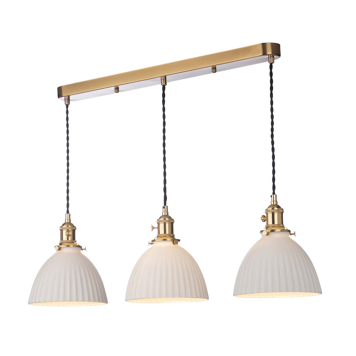 Hadano 3 Light Bar Pendant Natural Brass Domed White Ceramic Shades