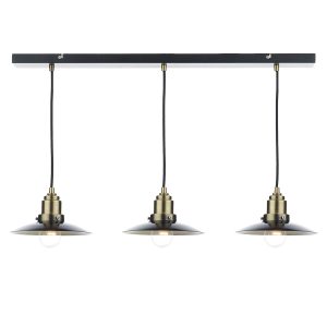 Hannover 3 light bar pendant in black and antique brass on white background