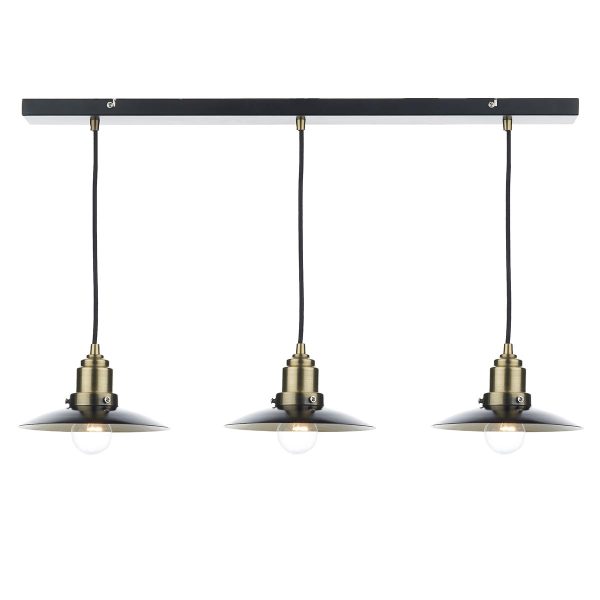 Hannover 3 light bar pendant in black and antique brass on white background