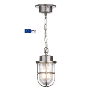 Harbour hanging outdoor porch light in nickel plated solid brass on white background lit