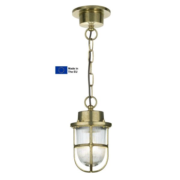 Harbour hanging outdoor porch light in solid antique brass on white background