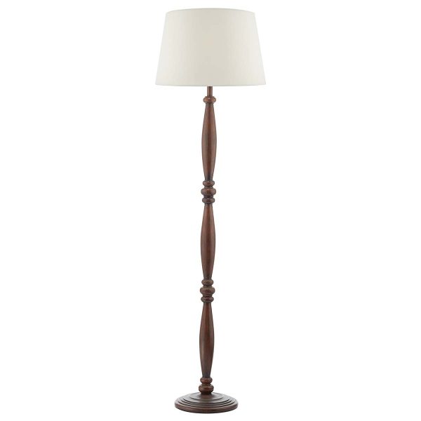 Hayward traditional dark wood floor lamp standard with ecru shade, on white background lit