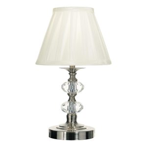 Hazel touch dimmer bedside table lamp in chrome with white shade on white background