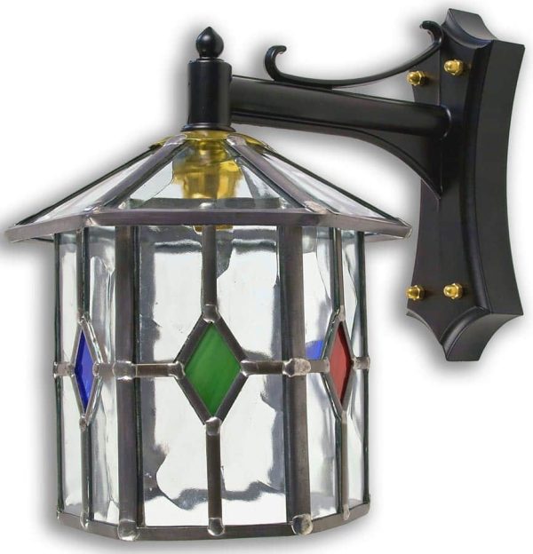Handmade Hexagonal Multi Coloured Leaded Glass Outdoor Wall Lantern