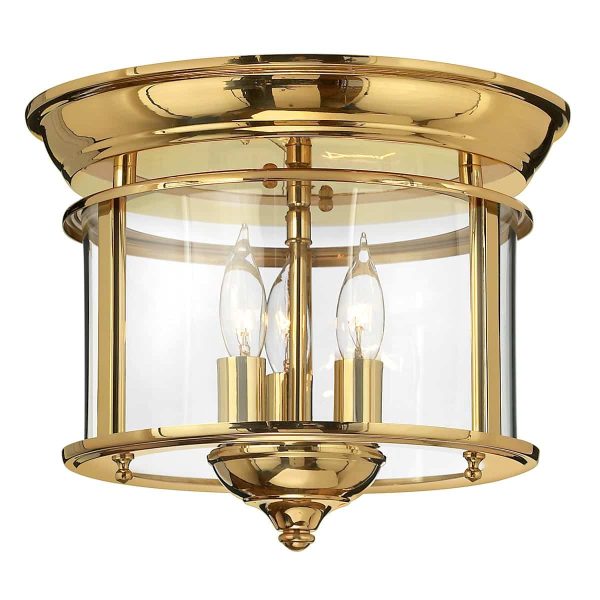 Hinkley Gentry 3 light polished solid brass flush low ceiling lantern with clear bent glass