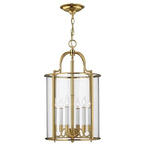 Hinkley Gentry 6 light polished solid brass large hanging ceiling lantern with clear glass