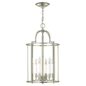 Hinkley Gentry handmade polished nickel 6 light large hanging ceiling lantern with clear glass