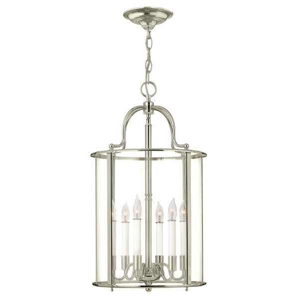 Hinkley Gentry handmade polished nickel 6 light large hanging ceiling lantern with clear glass