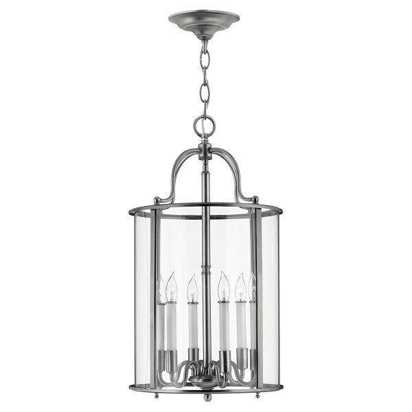 Hinkley Gentry handmade pewter 6 light large hanging ceiling lantern with clear glass