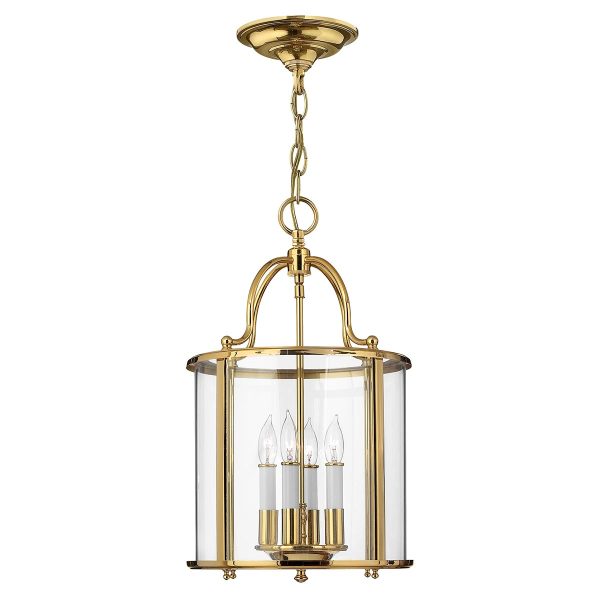 Hinkley Gentry 4 light polished solid brass medium hanging ceiling lantern with clear glass