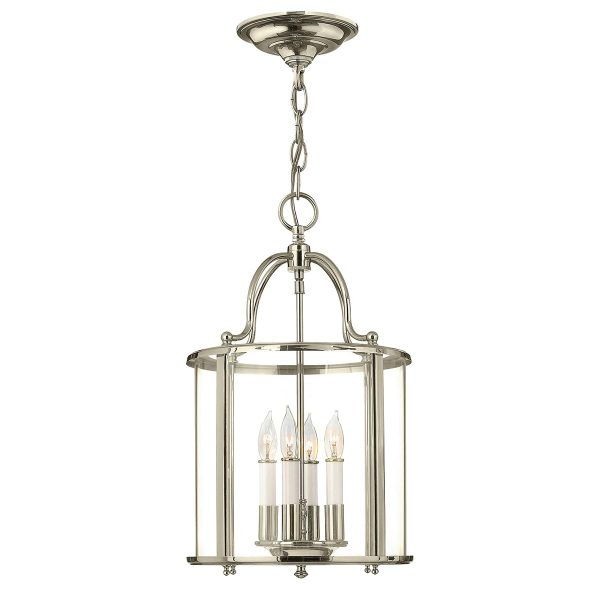 Hinkley Gentry handmade polished nickel 4 light medium hanging chain lantern with clear glass