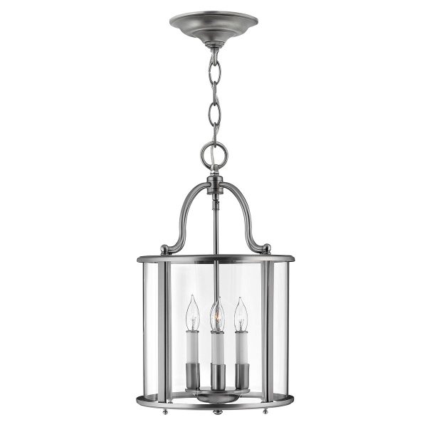 Hinkley Gentry handmade pewter 4 light medium hanging ceiling lantern with clear glass