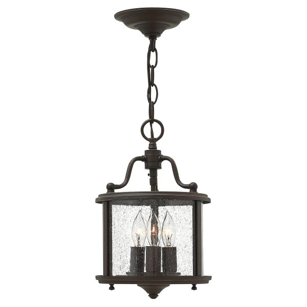 Hinkley Gentry handmade olde bronze 3 light small hanging ceiling lantern with seeded glass