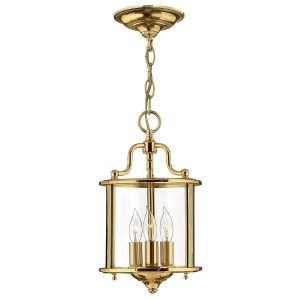 Hinkley Gentry 3 light solid polished brass small hanging ceiling lantern with clear glass