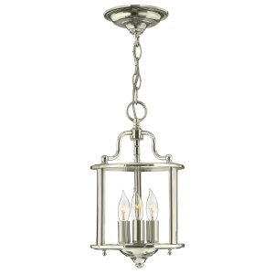 Hinkley Gentry handmade polished nickel 3 light small hanging ceiling lantern with clear glass