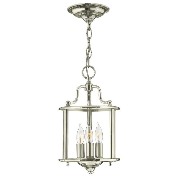 Hinkley Gentry handmade polished nickel 3 light small hanging ceiling lantern with clear glass