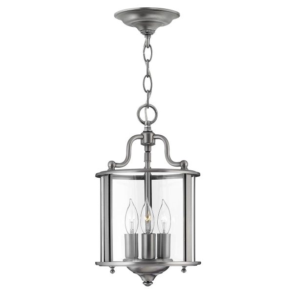 Hinkley Gentry handmade pewter 3 light small hanging ceiling lantern with clear glass