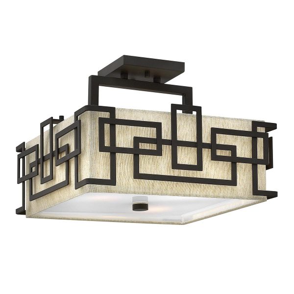 Hinkley Lanza oil rubbed bronze 3 lamp semi flush low ceiling light with linen shade