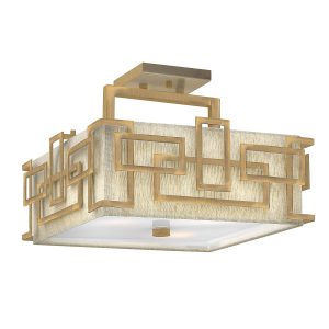 Hinkley Lanza brushed bronze 3 lamp semi flush low ceiling light with linen shade