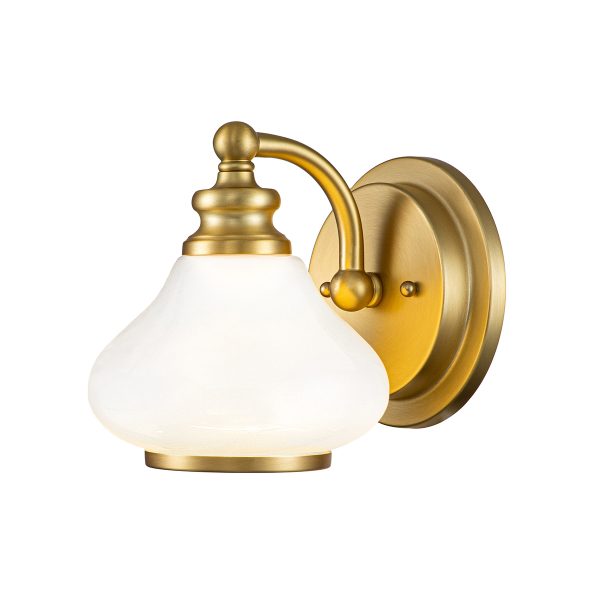 Hinkley Ainsley single bathroom wall light in brushed brass finish on white background, lit.