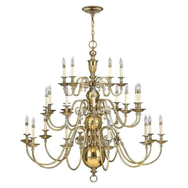 Cambridge 25 light very large chandelier in solid burnished brass solid burnished brass, full height on white background.