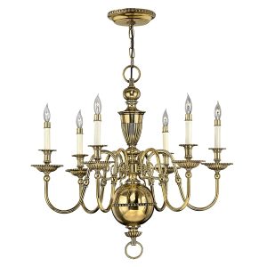 Cambridge 6 light classic chandelier in solid burnished brass, full height on white background.