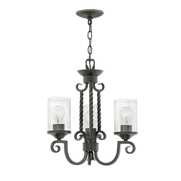 Hinkley Casa 3 light chandelier in olde black with seeded glass shades full height