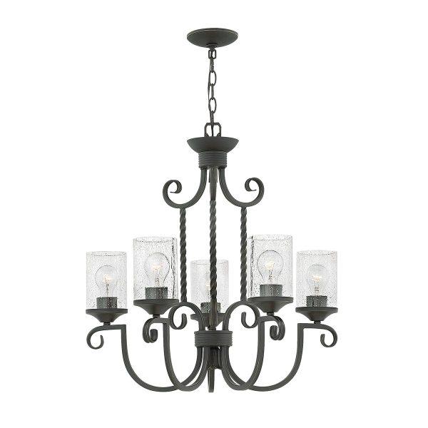 Hinkley Casa 5 light chandelier in olde black with seeded glass shades full height
