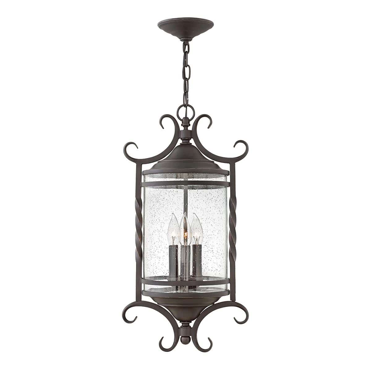 Casa 3 Light Hanging Outdoor Porch Lantern Olde Black Seeded Glass