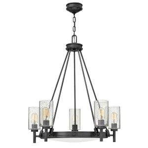 Hinkley Collier 5 light chandelier in black oxide with seeded glass shades, on a white background.