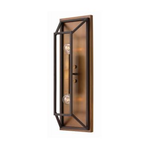 Hinkley Fulton 2 light industrial wall light in two-tone bronze, angled on a white background.