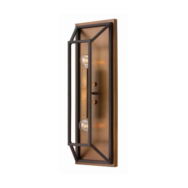 Hinkley Fulton 2 light industrial wall light in two-tone bronze, angled on a white background.