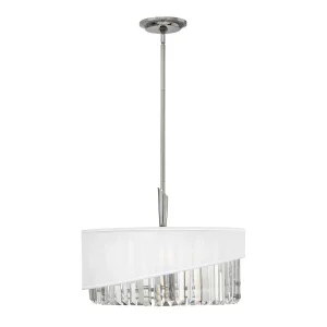Hinkley Gigi polished nickel 3 light crystal pendant with organza shade on white background.