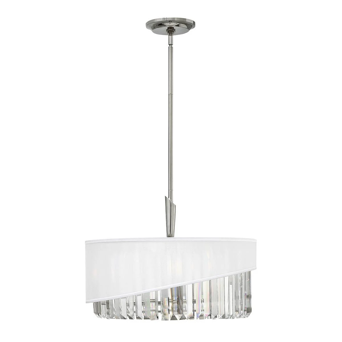 Hinkley Gigi polished nickel 3 light crystal pendant with organza shade on white background.