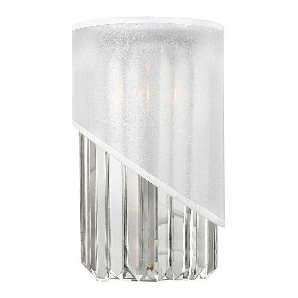 Hinkley Gigi polished nickel 1 light crystal wall light with white organza shade, main image on white background.