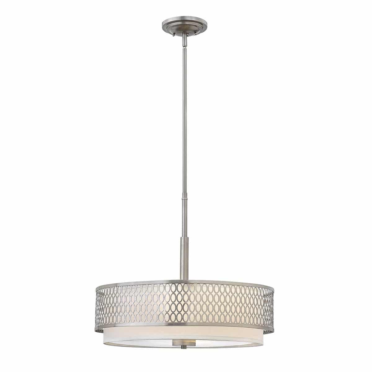 Jules Stylish 3 Light Ceiling Pendant Brushed Nickel White Linen Shade