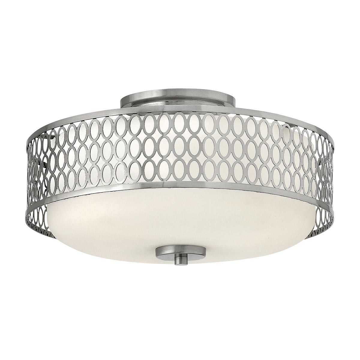 Jules Stylish 3 Light Flush Ceiling Light Brushed Nickel Opal Glass Shade