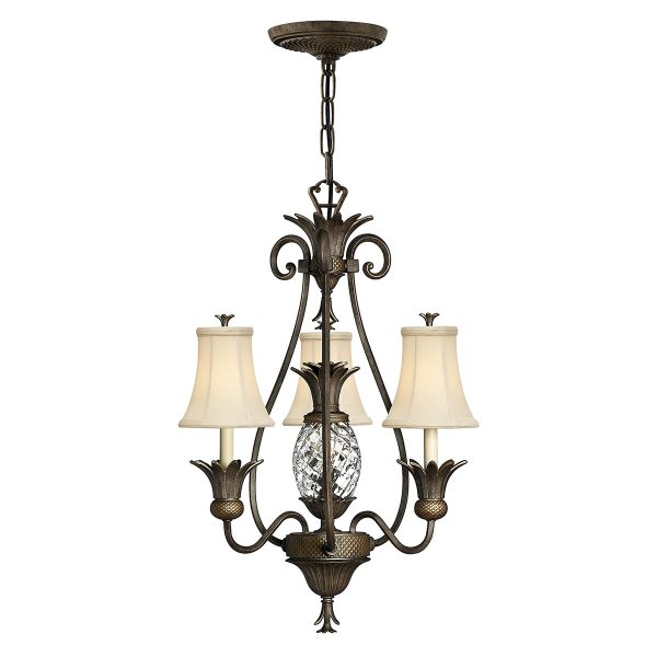 Plantation 3 arm chandelier in pearl bronze on white background