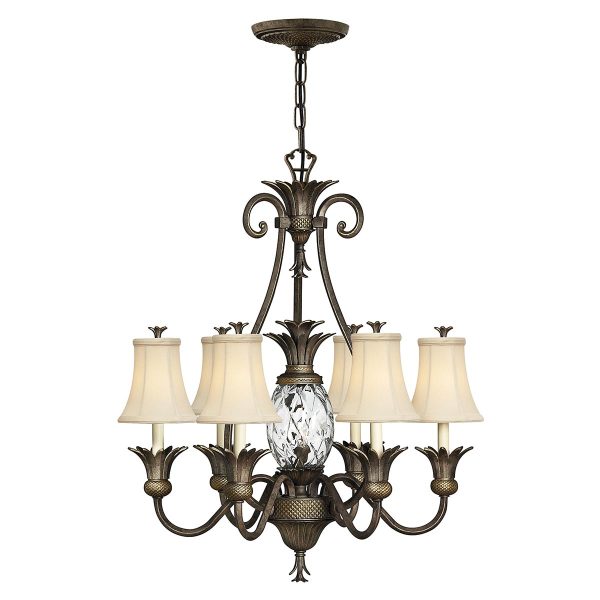 Plantation 7 light chandelier in pearl bronze, full height on white background