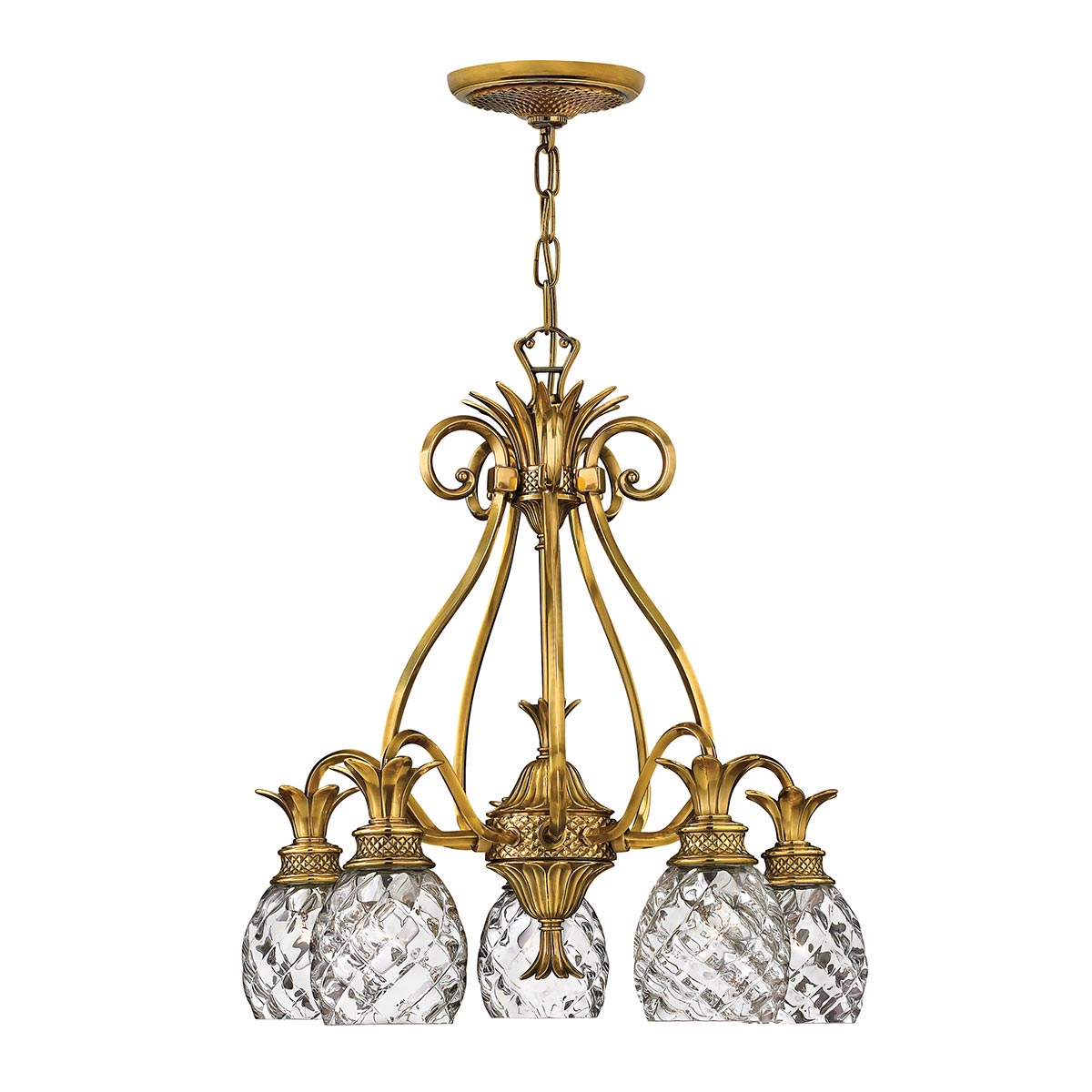 Plantation Solid Burnished Brass 5 Light Chandelier Pineapple Glass