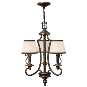 Plymouth 3 light chandelier in hand-rubbed old bronze, main image on white background.