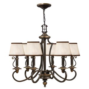 Plymouth 6 light chandelier in hand-rubbed old bronze, main image on white background.