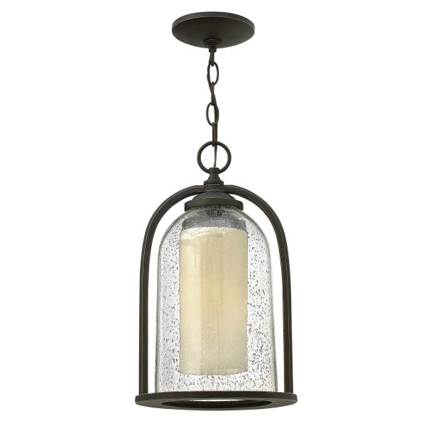 Hinkley Quincy 1 light hanging outdoor porch lantern finished in oil rubbed bronze, on white background.