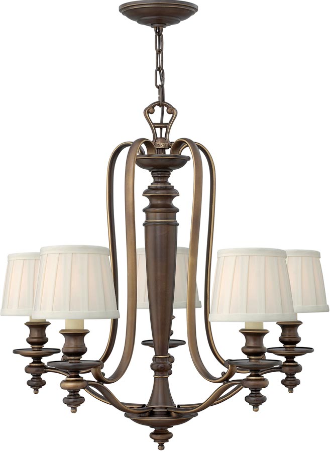 Hinkley Dunhill Royal Bronze 5 Light Chandelier With Off White Shades