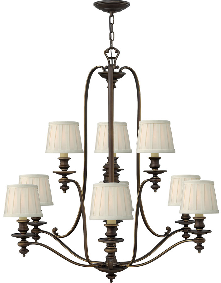 Hinkley Dunhill Royal Bronze 9 Light Chandelier With Off White Shades