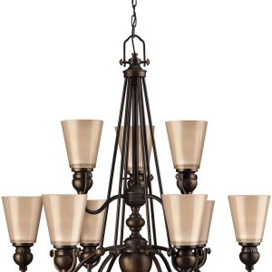 Hinkley Mayflower Large Olde Bronze 9 Light Chandelier Amber Shades