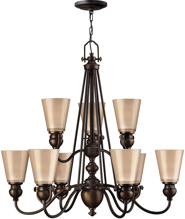 Hinkley Mayflower Large Olde Bronze 9 Light Chandelier Amber Shades